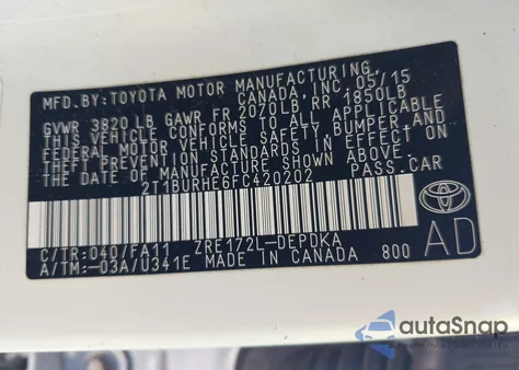 2015 Toyota Corolla Le z USA, uszkodzony, nr VIN 02T1BURHE6FC42020